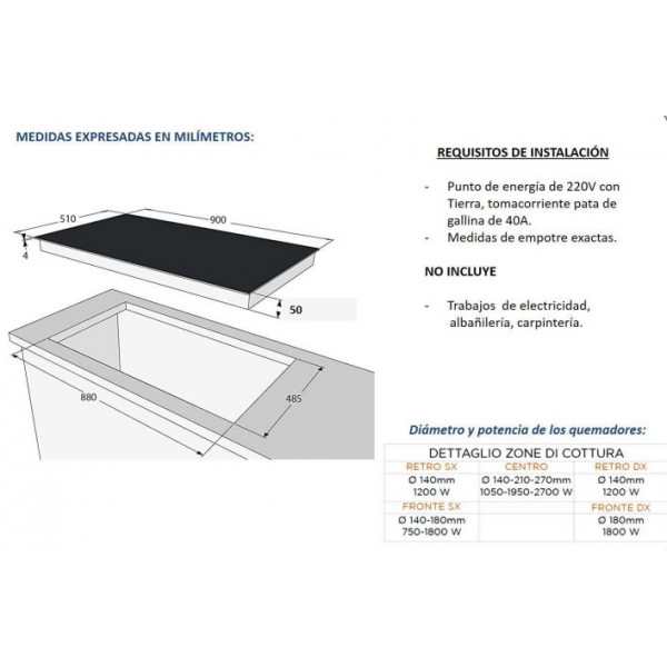 PLACA VITROCERÁMICA LA COTTURA 90 cm 5 ZONAS (1T+1D+3Z) CONTROLES DIGITAL SLIDER