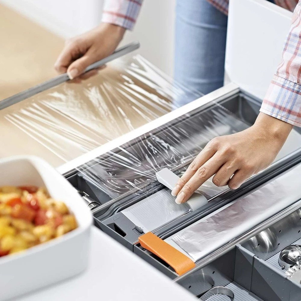 Injueey Dispensador y cortador de film transparente y papel de aluminio  blanco Creación de cocina Suministros de cocina Cocina útil Cocina  Organizadores de utensilios de cocina